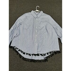 New Eloquii Blouse Top Womens 28 Blue‎ White Striped Button Up Fringed Collared